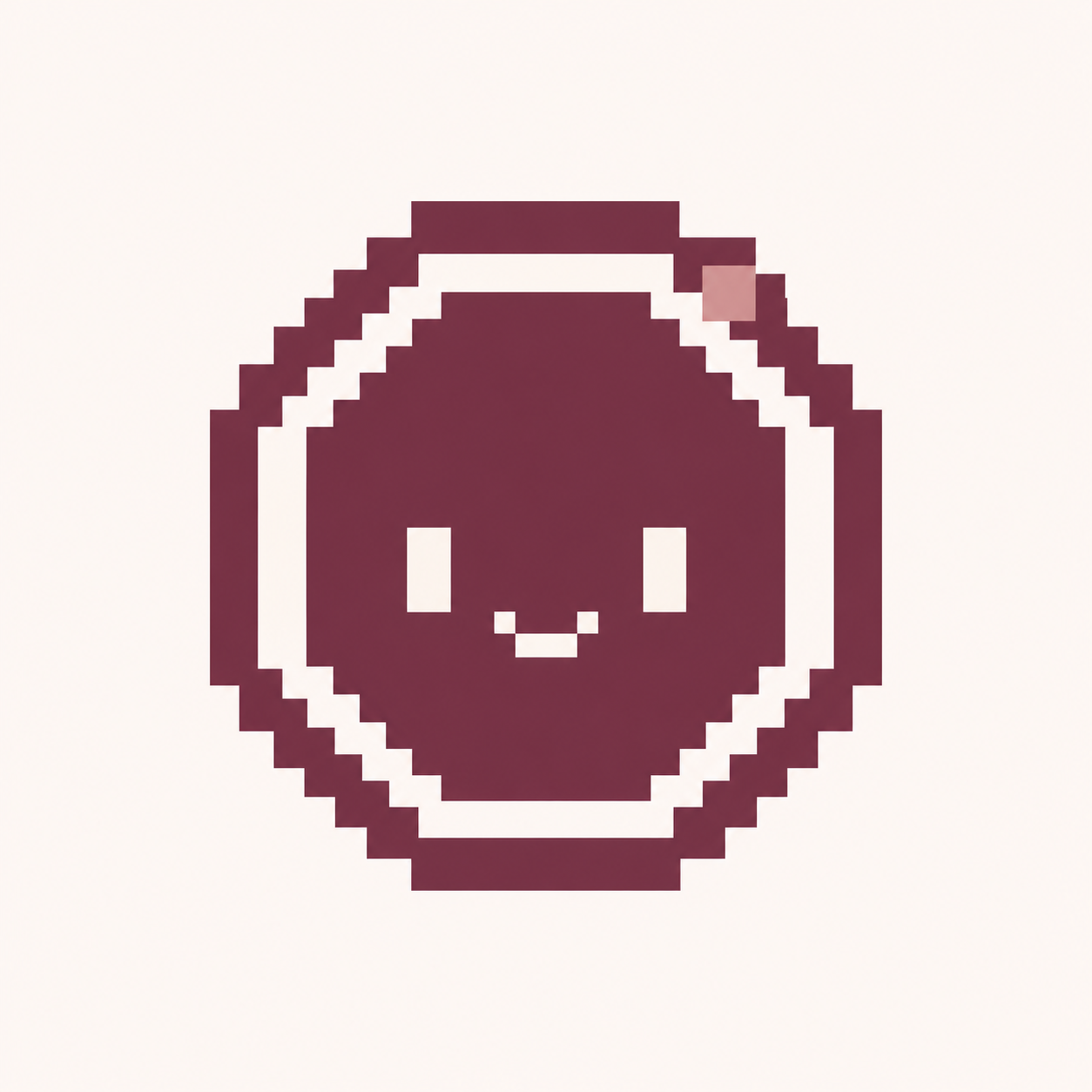 A smiling burgundy pixel coin